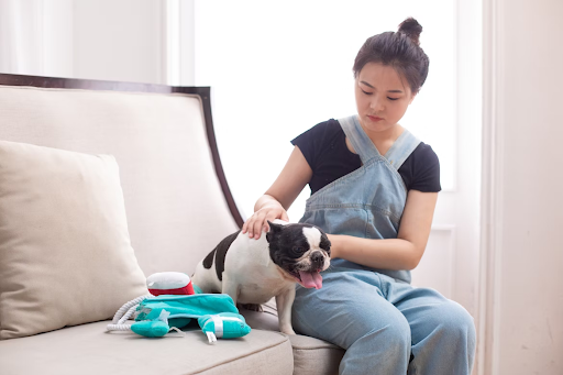Pet near cleaning products highlighting the risks of human cleaners